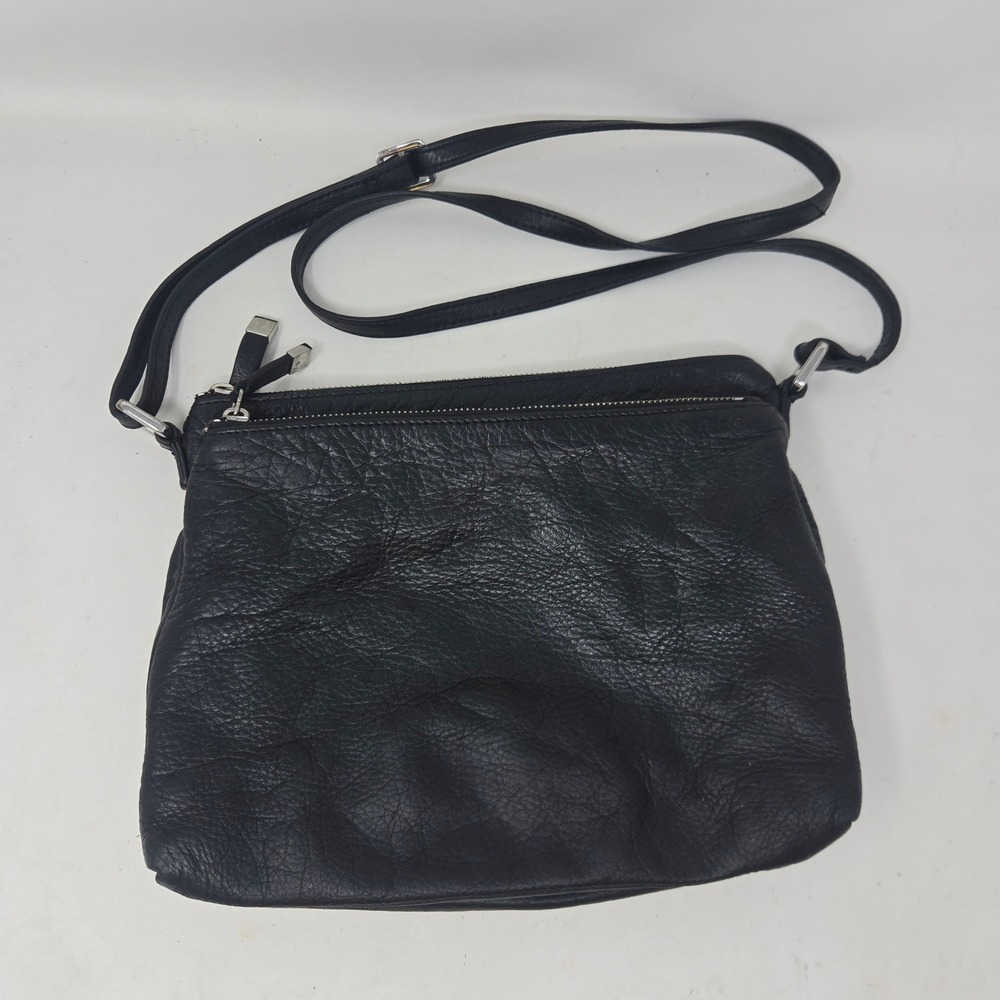 Margot Black Pebbled Leather Triple Compartment Crossbody Bag Organizer Silver